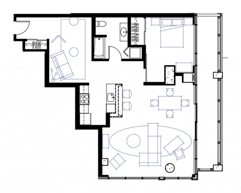 Floor plan for 1 bed, 1 bath, 1043 sqft